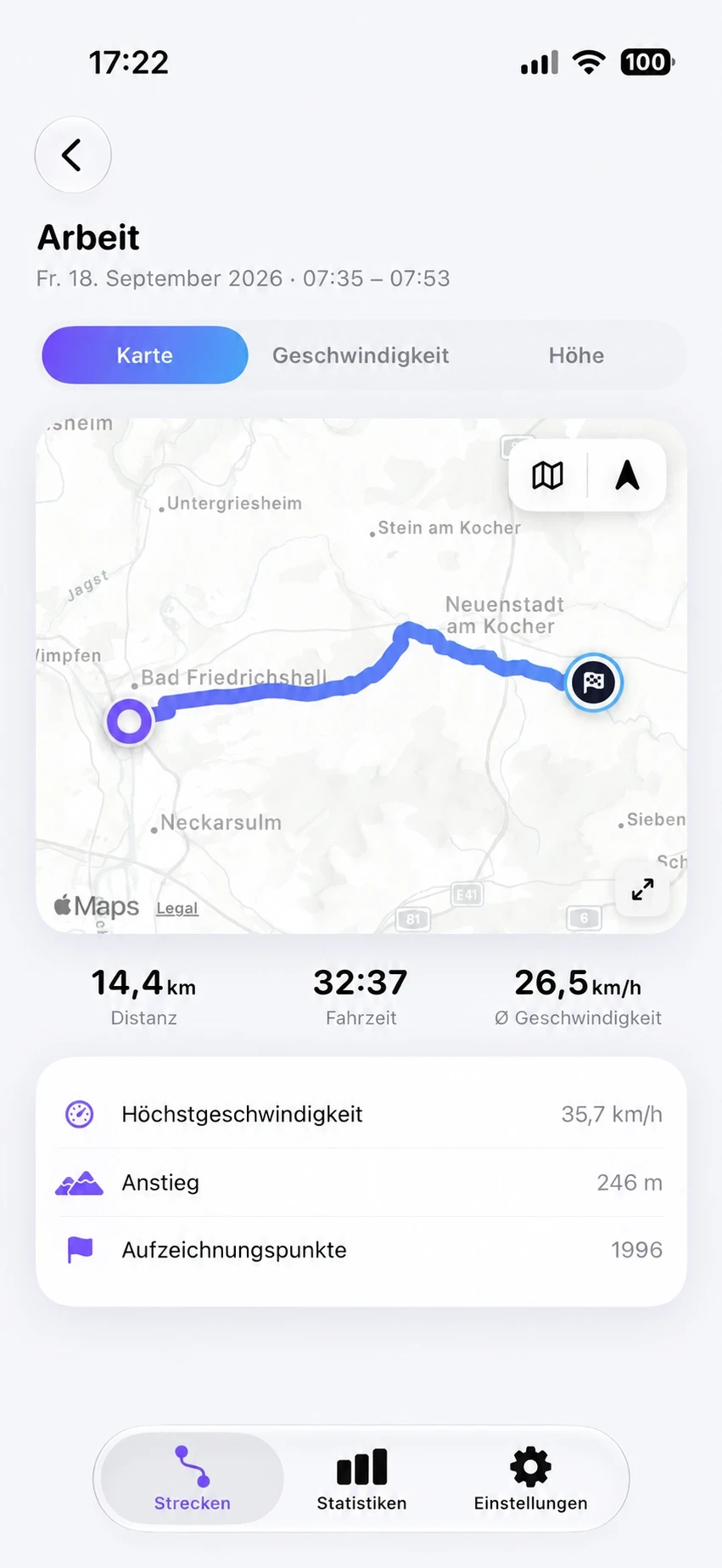 Departr App – Streckendetail mit Karte